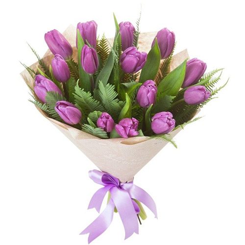 Фото товара 15 фіолетових тюльпанів з декором